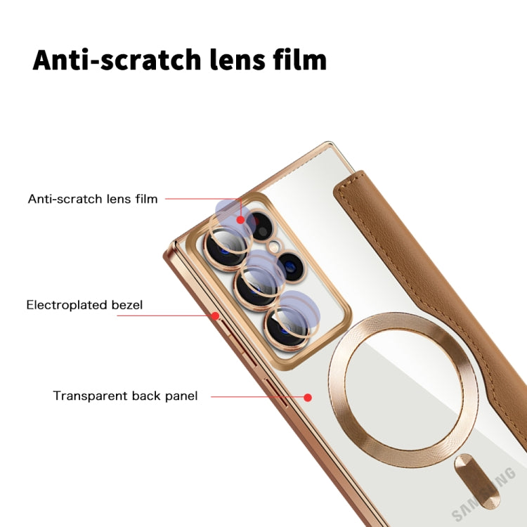 For Samsung Galaxy S22 Ultra 5G Shield MagSafe RFID Anti-theft Rhombus Leather Phone Case(Brown) by buy2fix