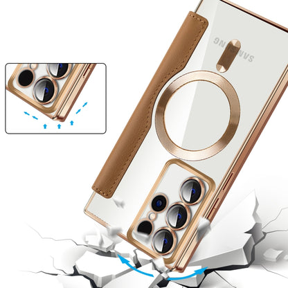 For Samsung Galaxy S22 Ultra 5G Shield MagSafe RFID Anti-theft Rhombus Leather Phone Case(Brown) by buy2fix