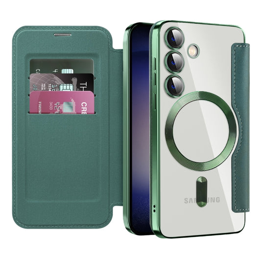 For Samsung Galaxy S24 5G Shield MagSafe RFID Anti-theft Rhombus Leather Phone Case(Green) by buy2fix