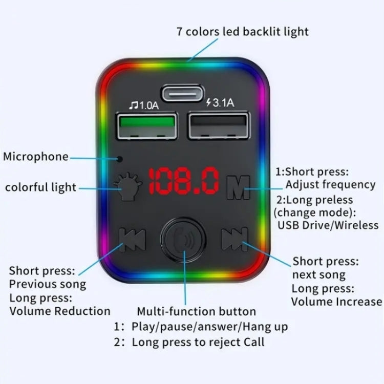 F22 Dual USB Car Charger Smart Bluetooth Calling Car Audio Device 7-Colors LED Car MP3 Player - Car Charger by buy2fix | Online Shopping UK | buy2fix