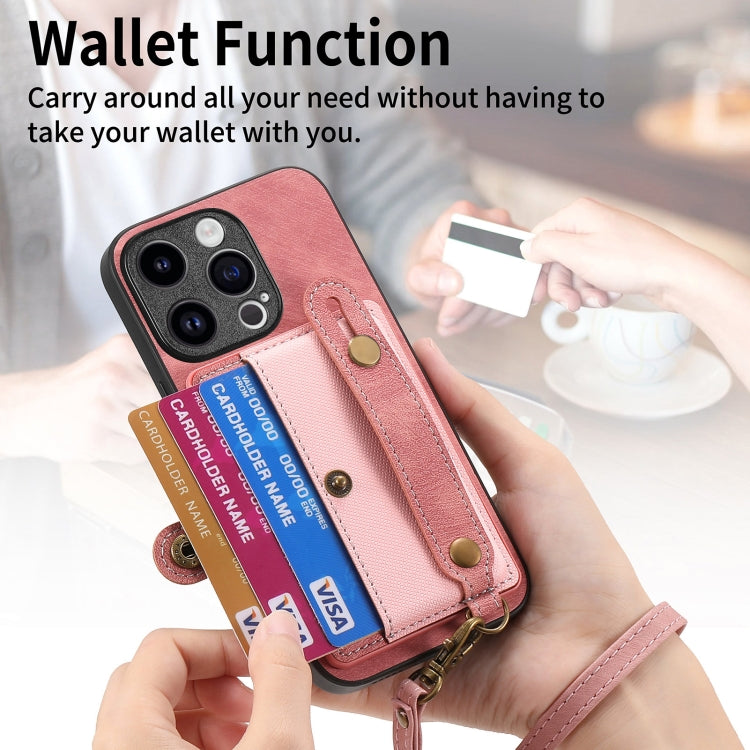 For iPhone 15 Pro Max Retro Cross Wristband Wallet Leather Back Phone Case(Pink) - iPhone 15 Pro Max Cases by buy2fix | Online Shopping UK | buy2fix