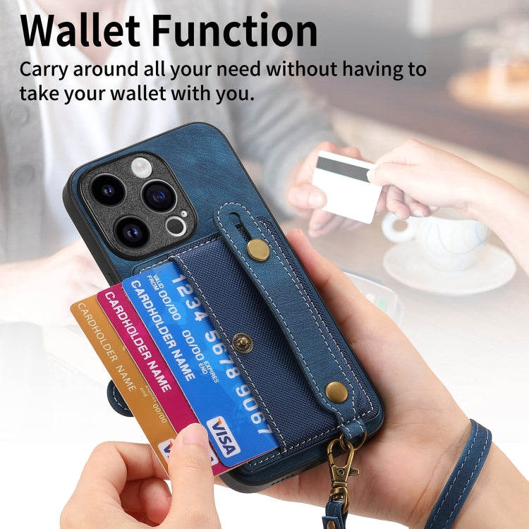 For iPhone 15 Pro Max Retro Cross Wristband Wallet Leather Back Phone Case(Blue) - iPhone 15 Pro Max Cases by buy2fix | Online Shopping UK | buy2fix