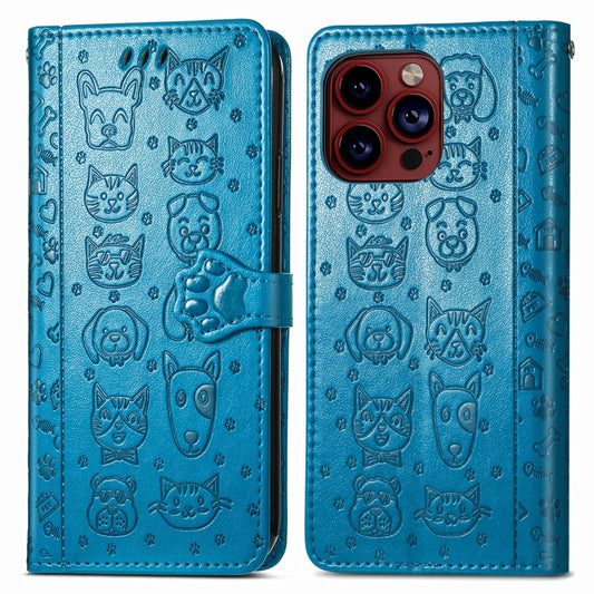 For iPhone 15 Pro Max Cat and Dog Embossed Leather Phone Case(Blue) by buy2fix