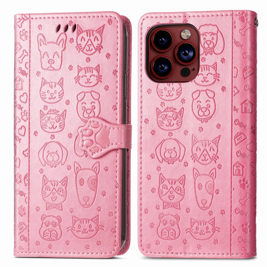 For iPhone 15 Pro Max Cat and Dog Embossed Leather Phone Case(Pink) by buy2fix