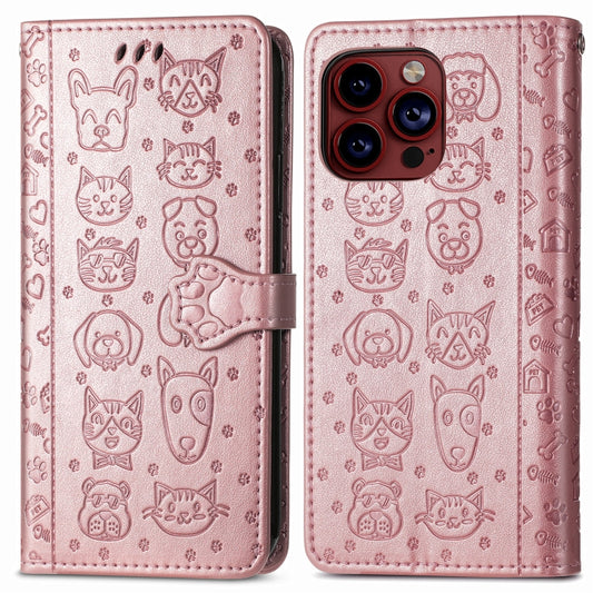 For iPhone 15 Pro Max Cat and Dog Embossed Leather Phone Case(Rose Gold) by buy2fix