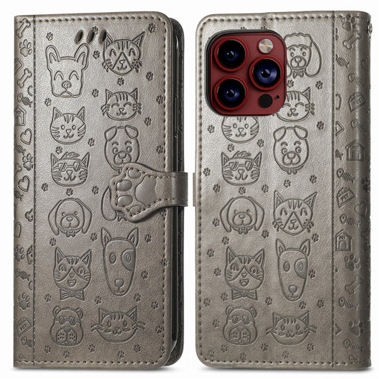 For iPhone 15 Pro Max Cat and Dog Embossed Leather Phone Case(Gray) by buy2fix