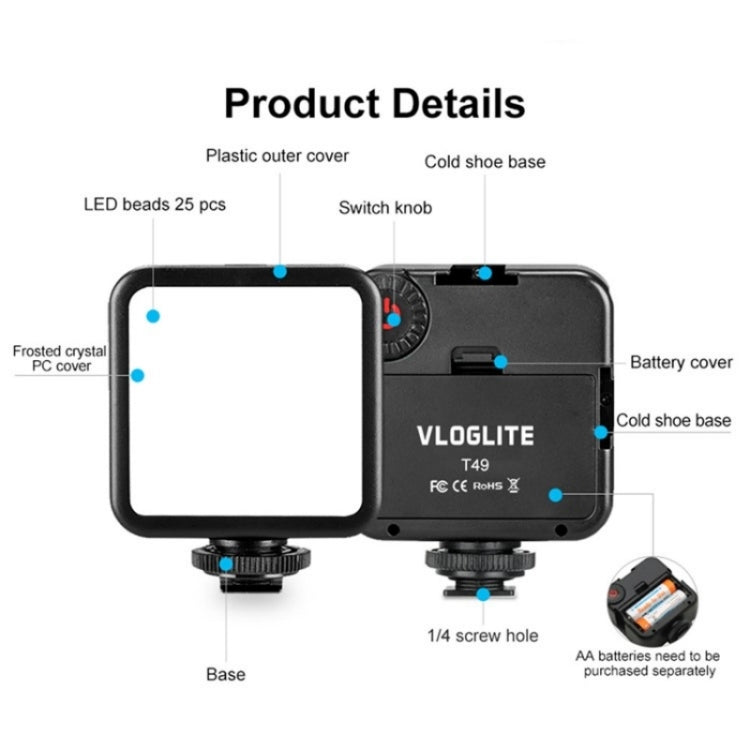 VLOGLITE T49 Portable LED Video Light 5600K Photography Photo Lighting Panel Mini Fill Lamp -  by buy2fix | Online Shopping UK | buy2fix