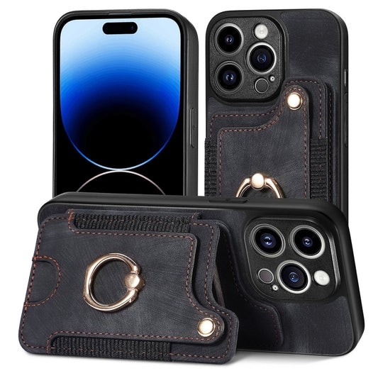 For iPhone 15 Pro Max Retro Skin-feel Ring Multi-card Wallet Phone Case(Black) by buy2fix