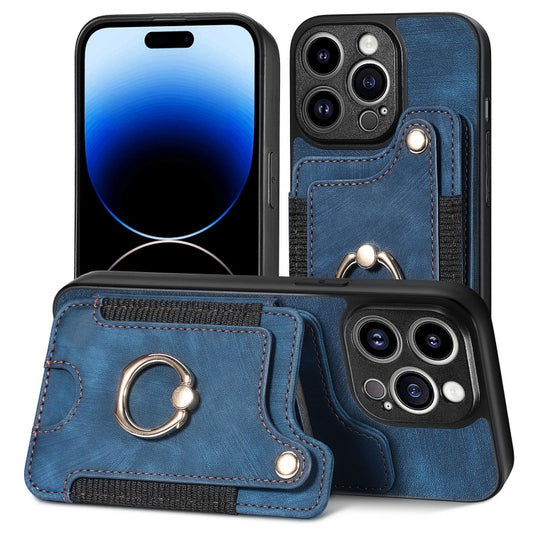 For iPhone 15 Pro Max Retro Skin-feel Ring Multi-card Wallet Phone Case(Blue) by buy2fix