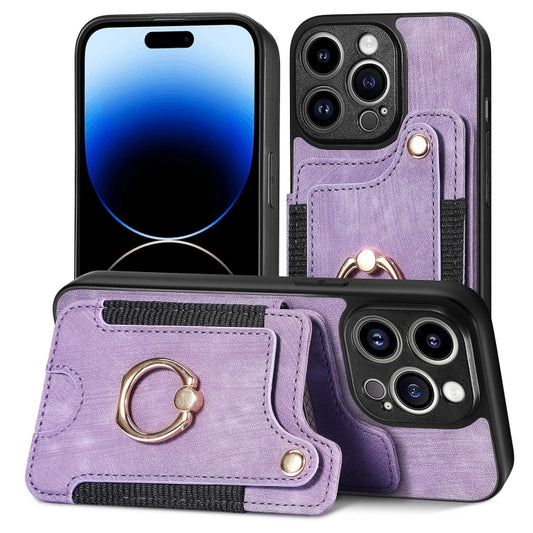 For iPhone 15 Pro Max Retro Skin-feel Ring Multi-card Wallet Phone Case(Purple) by buy2fix