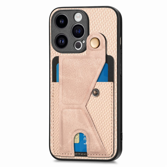 For iPhone 15 Pro max Carbon Fiber Wallet Flip Card K-shaped Holder Phone Case(Khaki) by buy2fix