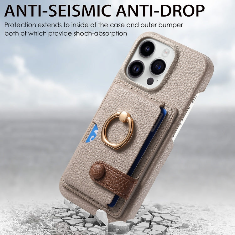 For iPhone 15 Pro Max Litchi Leather Oil Edge Ring Card Back Phone Case(Khaki) - iPhone 15 Pro Max Cases by buy2fix | Online Shopping UK | buy2fix