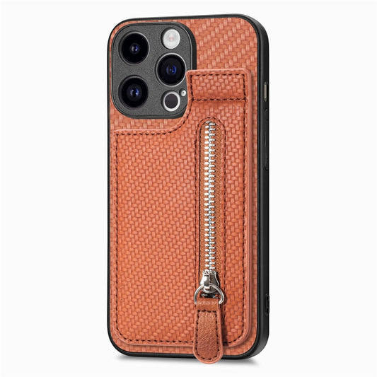 For iPhone 15 Pro Max Carbon Fiber Vertical Flip Zipper Phone Case(Brown) by buy2fix