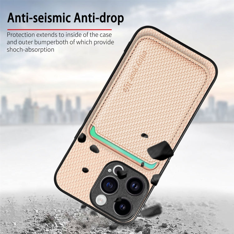 For iPhone 15 Pro Carbon Fiber Leather Card Magsafe Phone Case(Khaki) - iPhone 15 Pro Cases by buy2fix | Online Shopping UK | buy2fix