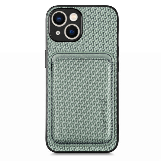For iPhone 15 Plus Carbon Fiber Leather Card Magsafe Phone Case(Green) by buy2fix