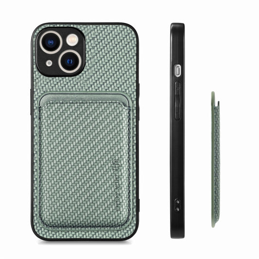 For iPhone 15 Plus Carbon Fiber Leather Card Magsafe Phone Case(Green) by buy2fix