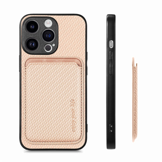 For iPhone 15 Pro Max Carbon Fiber Leather Card Magsafe Phone Case(Khaki) by buy2fix