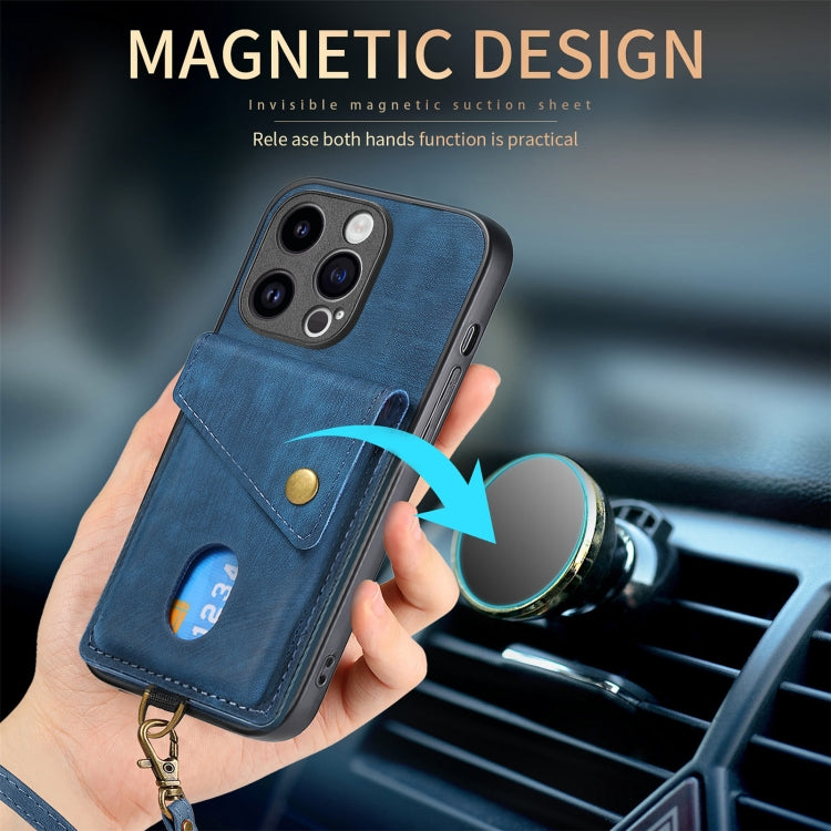 For iPhone 15 Pro Max Retro Card Wallet Fold Leather Phone Case with Strap(Blue) - iPhone 15 Pro Max Cases by buy2fix | Online Shopping UK | buy2fix