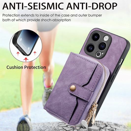 For iPhone 15 Pro Max Crossbody Multi-function Zipper Wallet Phone Case(Purple) by buy2fix