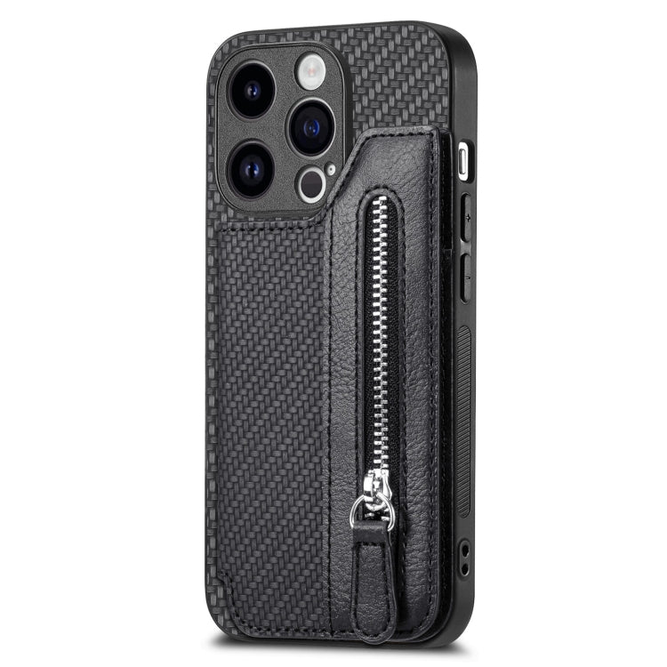 For iPhone 15 Pro Max Carbon Fiber Horizontal Flip Zipper Wallet Phone Case(Black) - iPhone 15 Pro Max Cases by buy2fix | Online Shopping UK | buy2fix