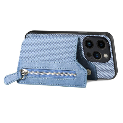 For iPhone 15 Pro Max Carbon Fiber Horizontal Flip Zipper Wallet Phone Case(Blue) - iPhone 15 Pro Max Cases by buy2fix | Online Shopping UK | buy2fix