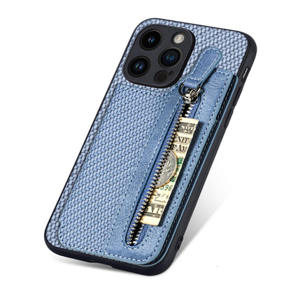 For iPhone 15 Pro Max Carbon Fiber Horizontal Flip Zipper Wallet Phone Case(Blue) - iPhone 15 Pro Max Cases by buy2fix | Online Shopping UK | buy2fix