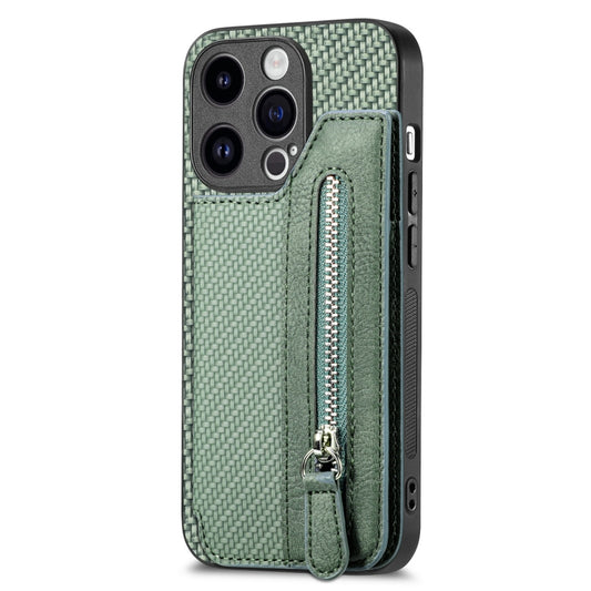 For iPhone 15 Pro Max Carbon Fiber Horizontal Flip Zipper Wallet Phone Case(Green) by buy2fix