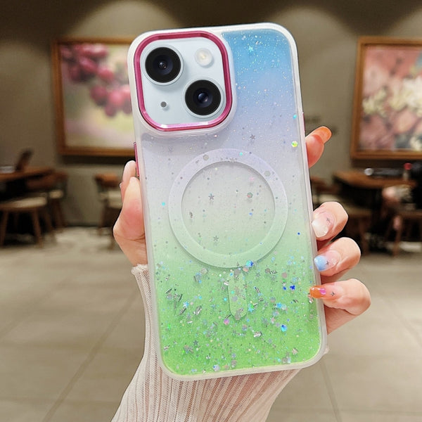 For iPhone 15 Plus Multicolor Gradient Glitter Sequin MagSafe TPU Phone Case(Blue+Vert Anis) by buy2fix