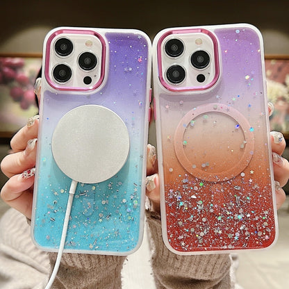 For iPhone 15 Multicolor Gradient Glitter Sequin MagSafe TPU Phone Case(Orange+Purple) by buy2fix