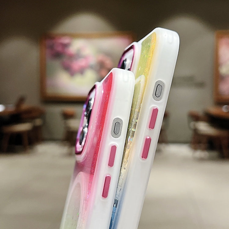 For iPhone 15 Multicolor Gradient Glitter Sequin MagSafe TPU Phone Case(Orange+Purple) by buy2fix