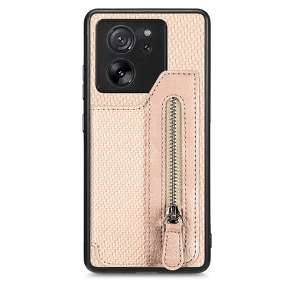 For Xiaomi 13T / 13T Pro Carbon Fiber Flip Zipper Wallet Phone Case(Apricot) - Xiaomi Cases by buy2fix | Online Shopping UK | buy2fix