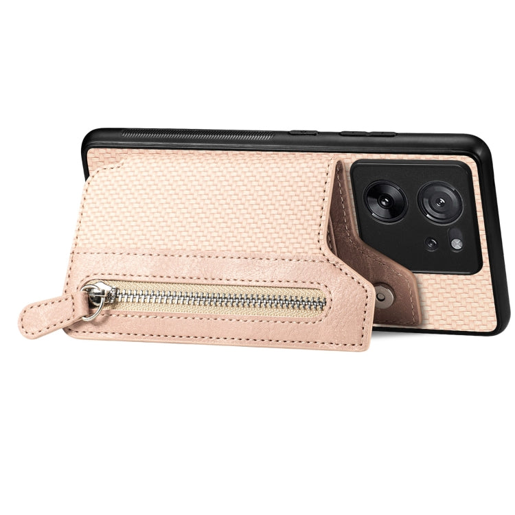 For Xiaomi 13T / 13T Pro Carbon Fiber Flip Zipper Wallet Phone Case(Apricot) - Xiaomi Cases by buy2fix | Online Shopping UK | buy2fix