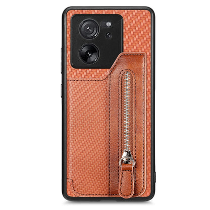 For Xiaomi 13T / 13T Pro Carbon Fiber Flip Zipper Wallet Phone Case(Brown) - Xiaomi Cases by buy2fix | Online Shopping UK | buy2fix