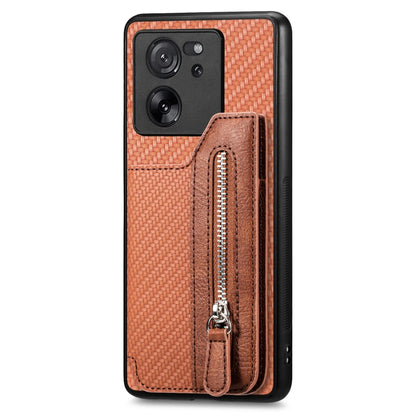 For Xiaomi 13T / 13T Pro Carbon Fiber Flip Zipper Wallet Phone Case(Brown) - Xiaomi Cases by buy2fix | Online Shopping UK | buy2fix