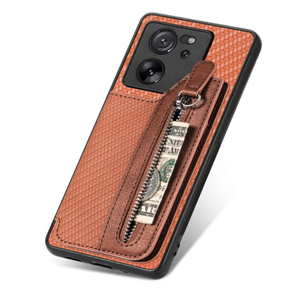 For Xiaomi 13T / 13T Pro Carbon Fiber Flip Zipper Wallet Phone Case(Brown) - Xiaomi Cases by buy2fix | Online Shopping UK | buy2fix