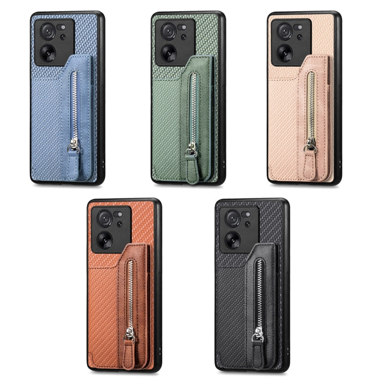 For Xiaomi 13T / 13T Pro Carbon Fiber Flip Zipper Wallet Phone Case(Green) by buy2fix