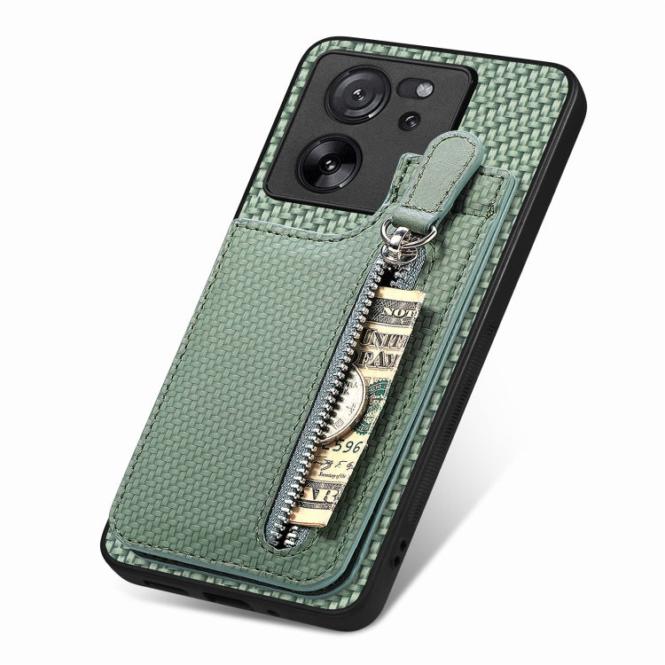 For Xiaomi 13T / 13T Pro Carbon Fiber Vertical Flip Zipper Phone Case(Green) - Xiaomi Cases by buy2fix | Online Shopping UK | buy2fix