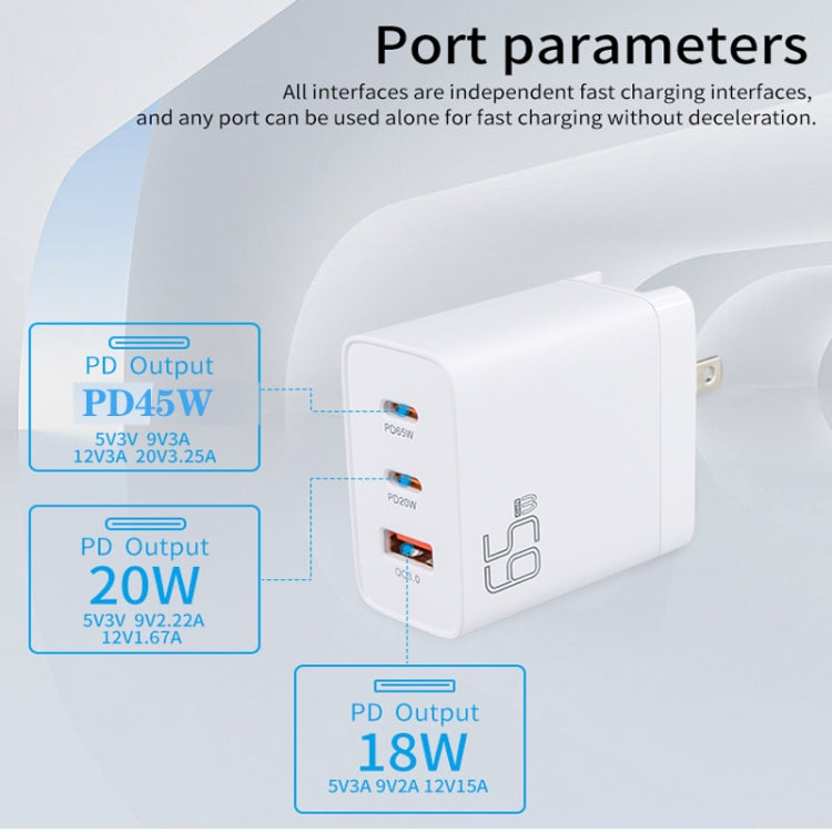 GAN 65W PD45W Dual Type-C+QC3.0 USB Multi Compatible Laptop Adapter EU + US + AU + UK Plug White - Power Supply by buy2fix | Online Shopping UK | buy2fix