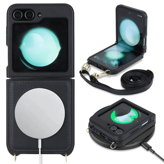 For Samsung Galaxy Z Flip5 5G Crossbody R20 Texture Leather Magsafe Phone Case(Black) by buy2fix