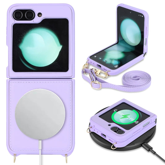 For Samsung Galaxy Z Flip5 5G Crossbody R20 Texture Leather Magsafe Phone Case(Purple) by buy2fix