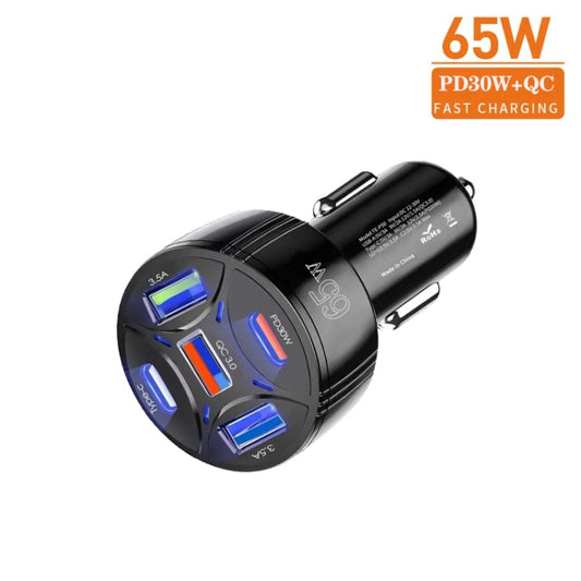 TE-P50 65W PD30W Type-C x 2 + USB x 3 Multi Port Car Charger with 1m Type-C to Type-C Data Cable(Black) by buy2fix