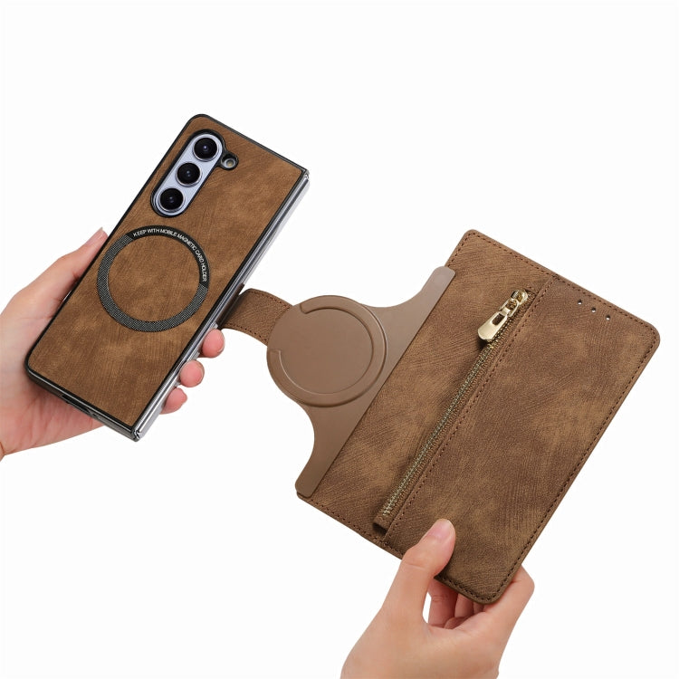 For Samsung Galaxy Z Fold5 5G Retro MagSafe Magnetic Zipper Wallet Leather Phone Case(Brown) - Galaxy Z Fold5 Cases by buy2fix | Online Shopping UK | buy2fix