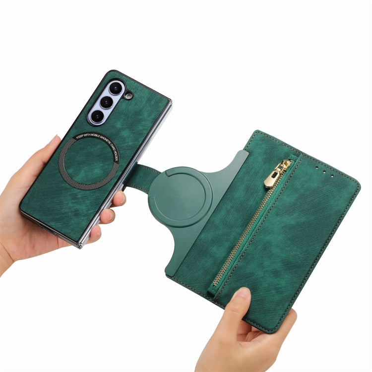 For Samsung Galaxy Z Fold5 5G Retro MagSafe Magnetic Zipper Wallet Leather Phone Case(Green) - Galaxy Z Fold5 Cases by buy2fix | Online Shopping UK | buy2fix