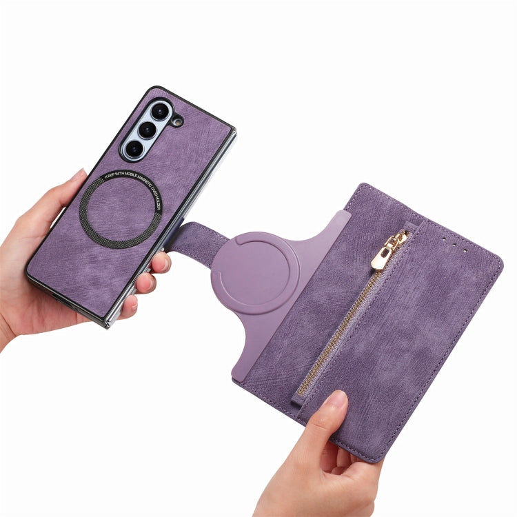 For Samsung Galaxy Z Fold5 5G Retro MagSafe Magnetic Zipper Wallet Leather Phone Case(Purple) - Galaxy Z Fold5 Cases by buy2fix | Online Shopping UK | buy2fix