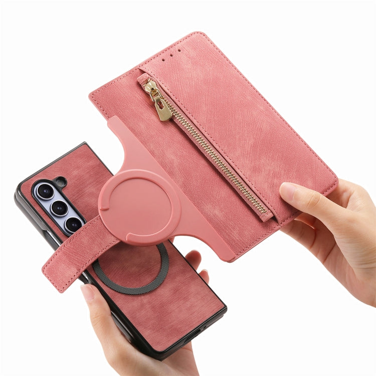 For Samsung Galaxy Z Fold5 5G Retro MagSafe Magnetic Zipper Wallet Leather Phone Case(Pink) - Galaxy Z Fold5 Cases by buy2fix | Online Shopping UK | buy2fix