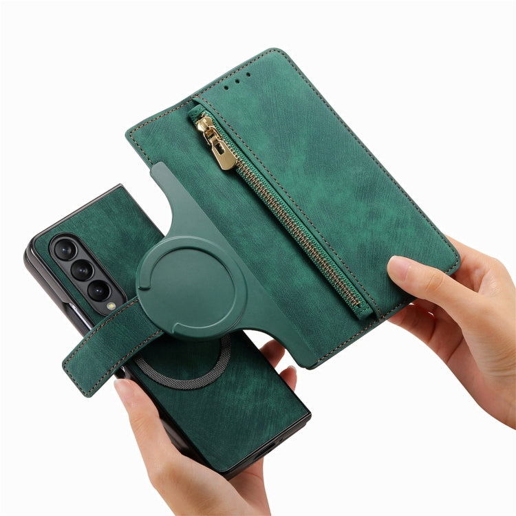 For Samsung Galaxy Z Fold4 Retro MagSafe Magnetic Zipper Wallet Leather Phone Case(Green) - Galaxy Z Fold4 5G Cases by buy2fix | Online Shopping UK | buy2fix