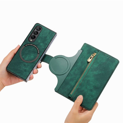 For Samsung Galaxy Z Fold4 Retro MagSafe Magnetic Zipper Wallet Leather Phone Case(Green) - Galaxy Z Fold4 5G Cases by buy2fix | Online Shopping UK | buy2fix