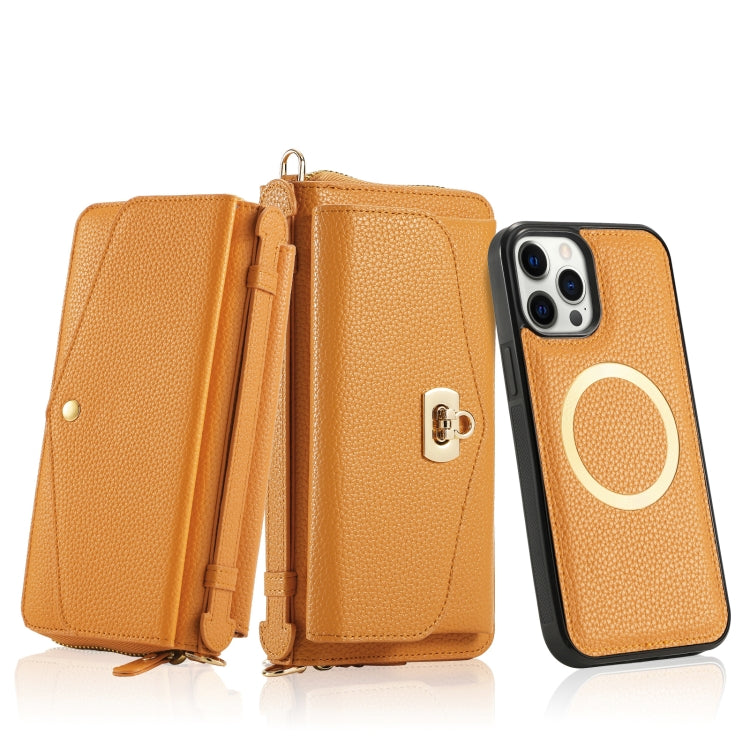 For iPhone 12 Pro Max MagSafe Crossbody Multi-functional Zipper Wallet Litchi Leather Phone Case(Orange) - iPhone 12 Pro Max Cases by buy2fix | Online Shopping UK | buy2fix