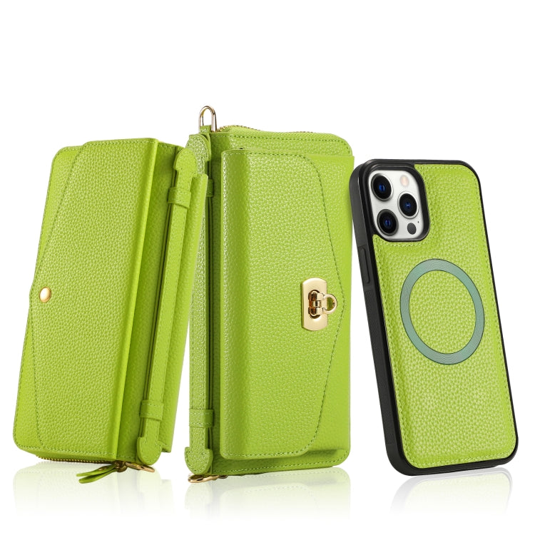 For iPhone 12 Pro MagSafe Crossbody Multi-functional Zipper Wallet Litchi Leather Phone Case(Green) - iPhone 12 / 12 Pro Cases by buy2fix | Online Shopping UK | buy2fix