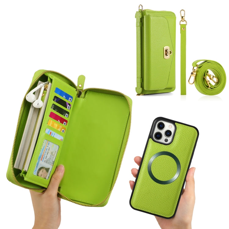 For iPhone 12 Pro MagSafe Crossbody Multi-functional Zipper Wallet Litchi Leather Phone Case(Green) - iPhone 12 / 12 Pro Cases by buy2fix | Online Shopping UK | buy2fix